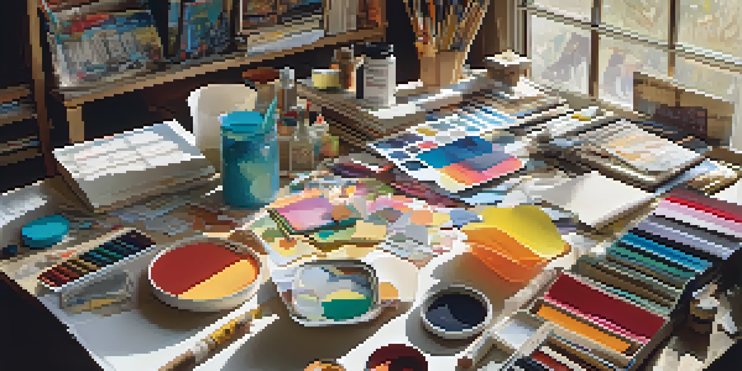 An artist's workspace filled with colorful collage materials and various adhesives, illuminated by natural light.