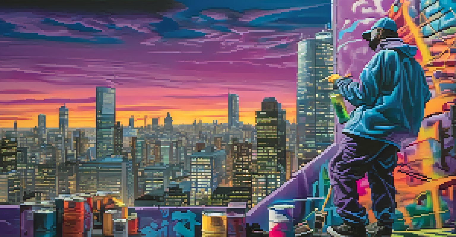 A graffiti artist spray painting a city skyline mural at dusk, with vibrant colors in the sky and neon highlights on the buildings.