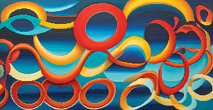 An abstract painting with warm colored circular forms creating a rhythmic flow against a gradient background.