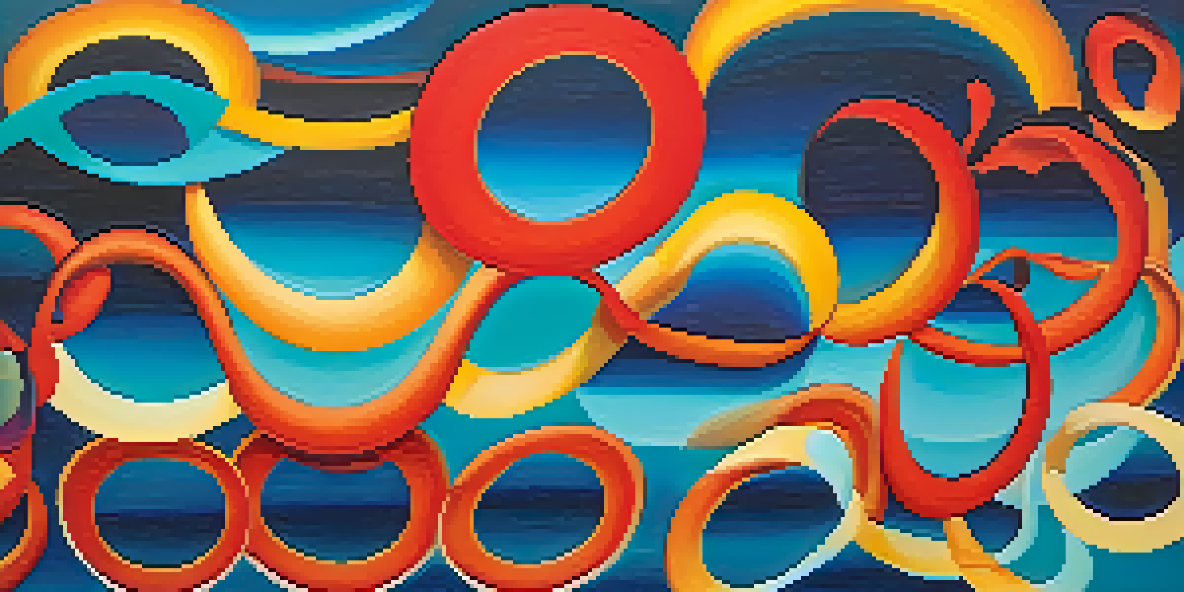 An abstract painting with warm colored circular forms creating a rhythmic flow against a gradient background.