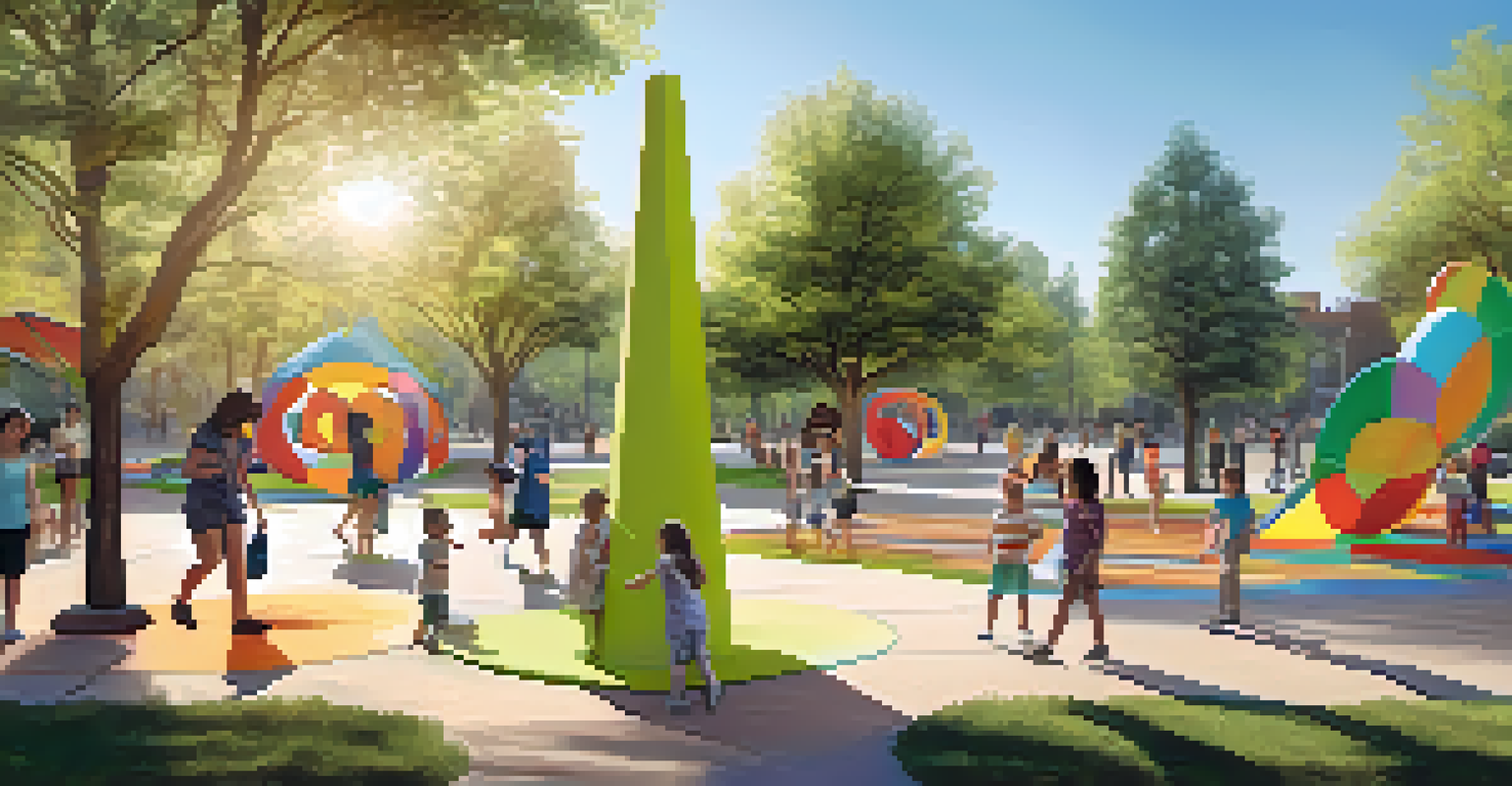 An interactive public art installation in a park with colorful sculptures and children playing around them.