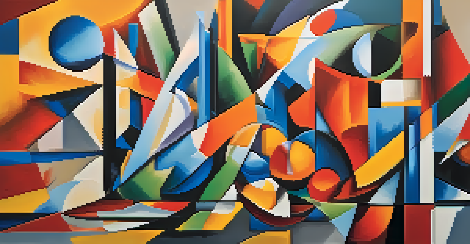 An abstract Cubist painting with fragmented shapes and bold colors, showcasing movement and depth in a modern artistic style.