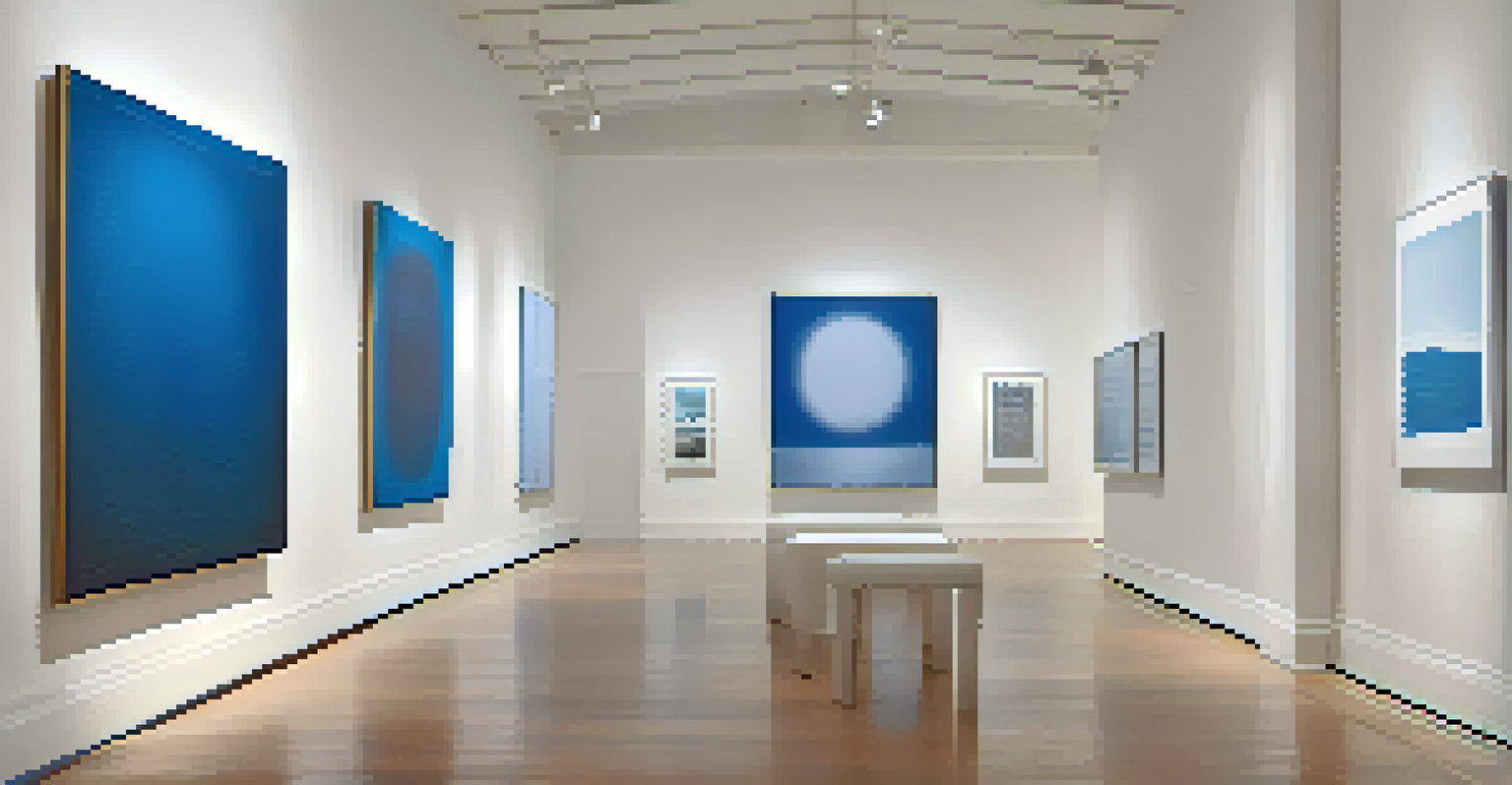A spacious art gallery with blue-toned artworks illuminated by bright white lights, creating a reflective atmosphere.