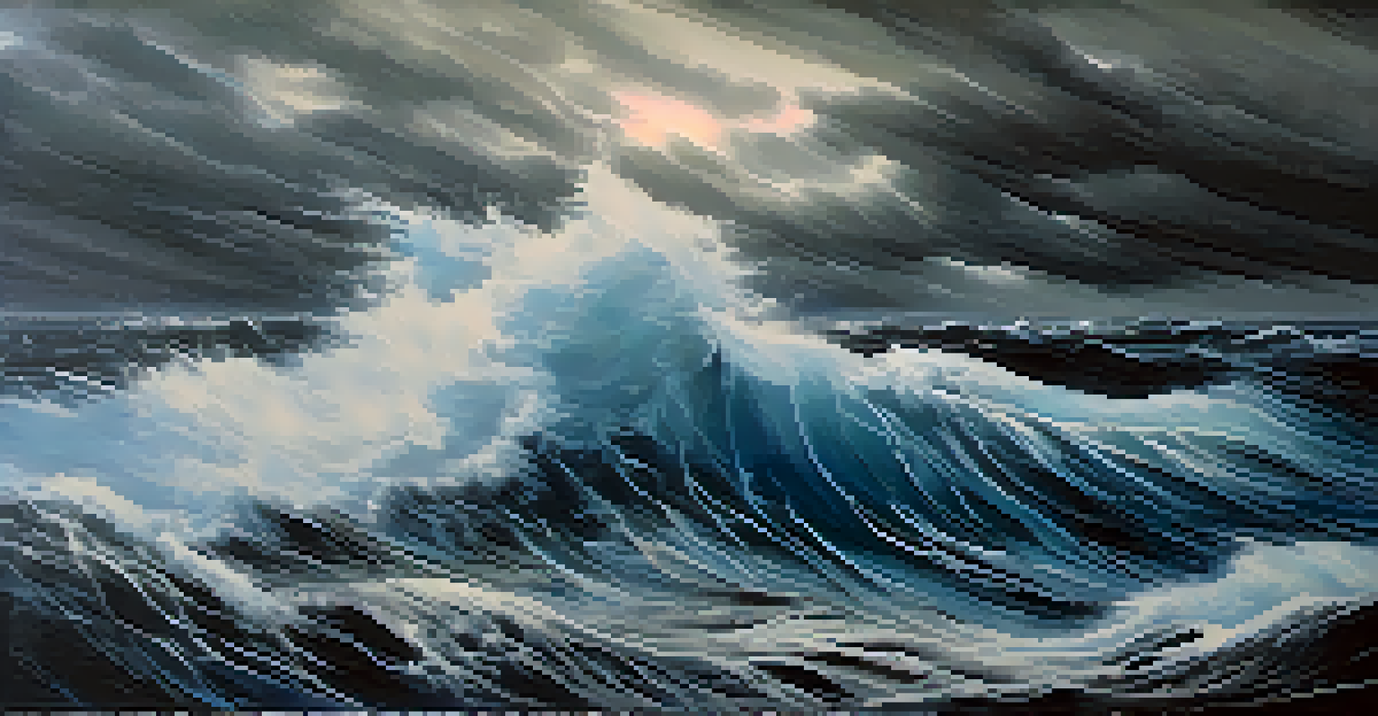 An abstract representation of a stormy sea with dynamic brushstrokes and dark clouds.