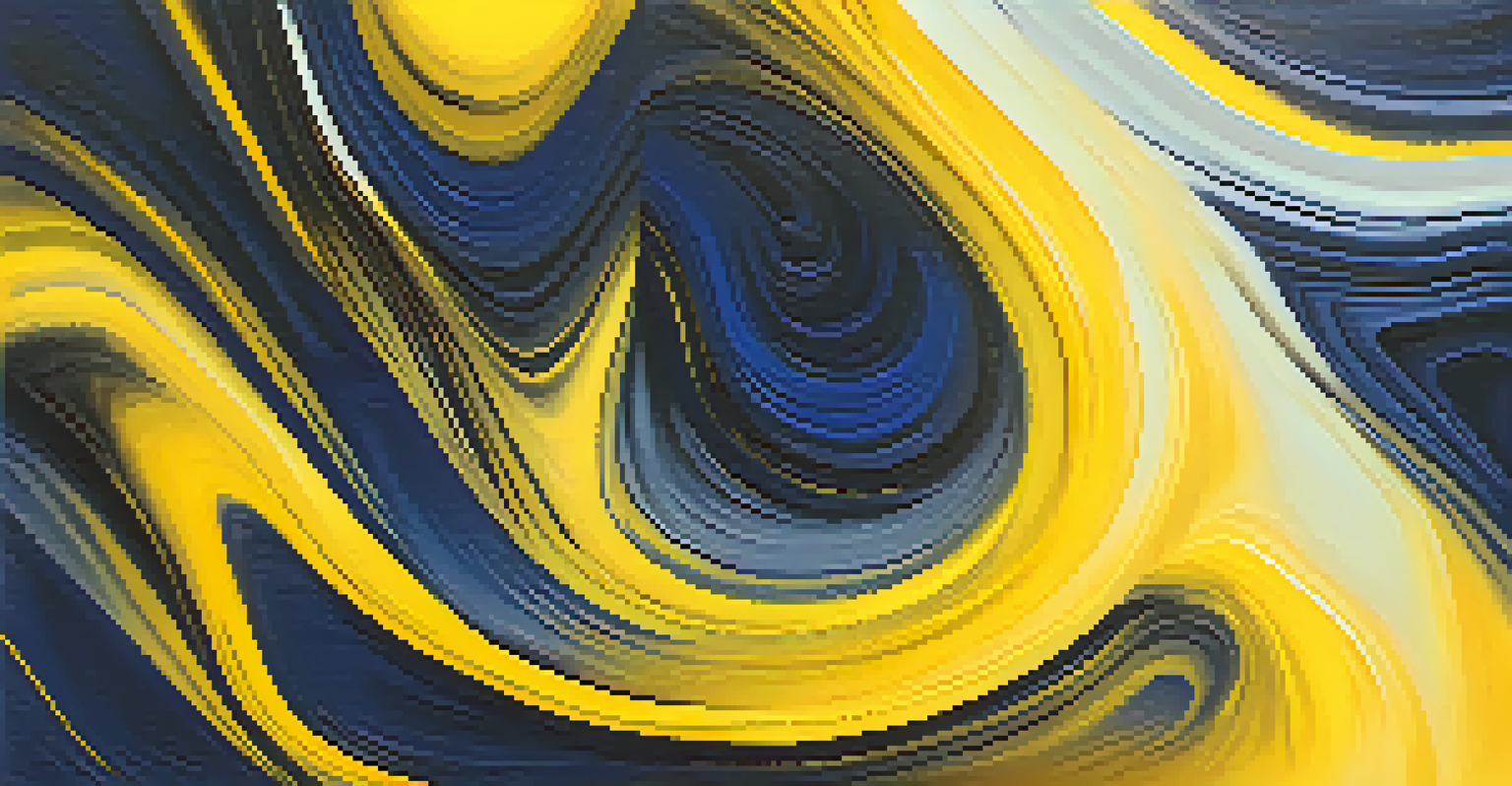 An abstract artwork with a yellow to navy blue gradient, representing joy and melancholy with swirling colors.