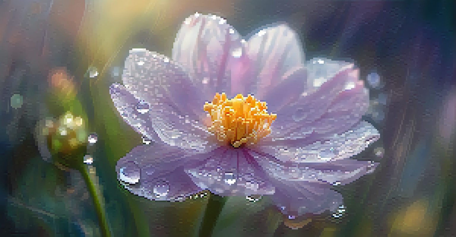 A close-up of a blooming flower with dew drops glistening in the morning light.