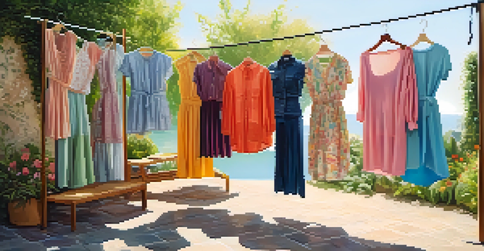 A collection of gender-neutral clothing in a variety of colors hanging outdoors, showcasing diverse fashion choices.