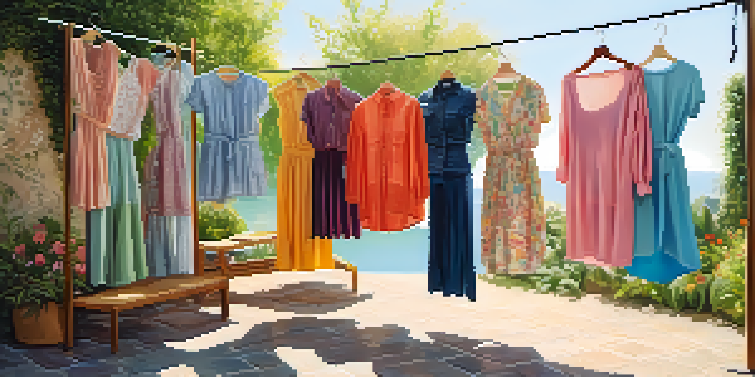 A collection of gender-neutral clothing in a variety of colors hanging outdoors, showcasing diverse fashion choices.