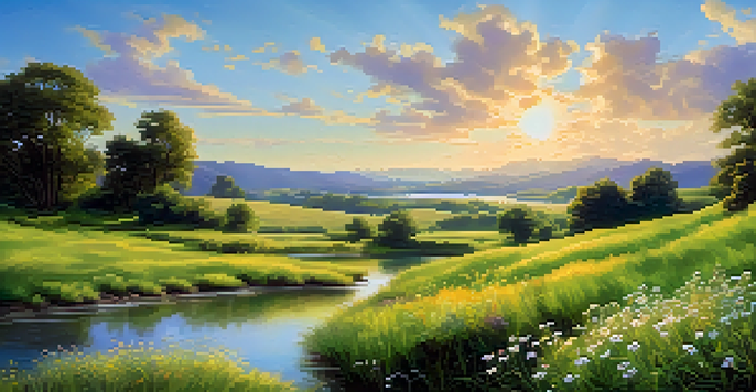 A peaceful landscape with a green meadow, colorful wildflowers, and a shimmering river under a blue sky.