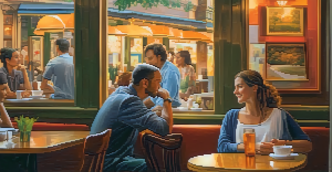 A cozy café filled with warm light, featuring wooden furniture and colorful artwork, with people enjoying conversations.