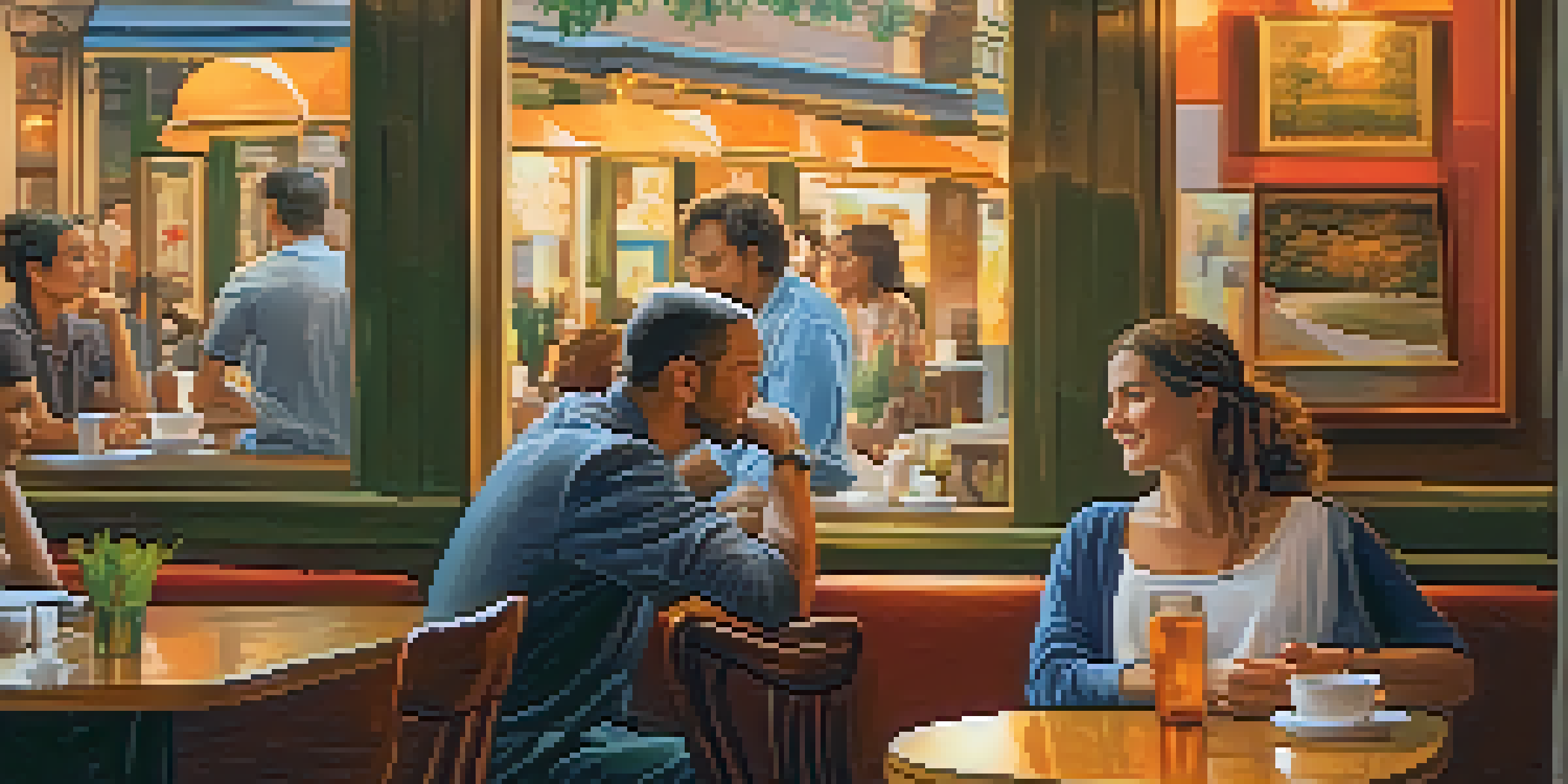 A cozy café filled with warm light, featuring wooden furniture and colorful artwork, with people enjoying conversations.