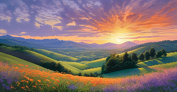 A landscape painting with a sunset, rolling hills, green foliage, and colorful wildflowers, featuring shadows for depth.