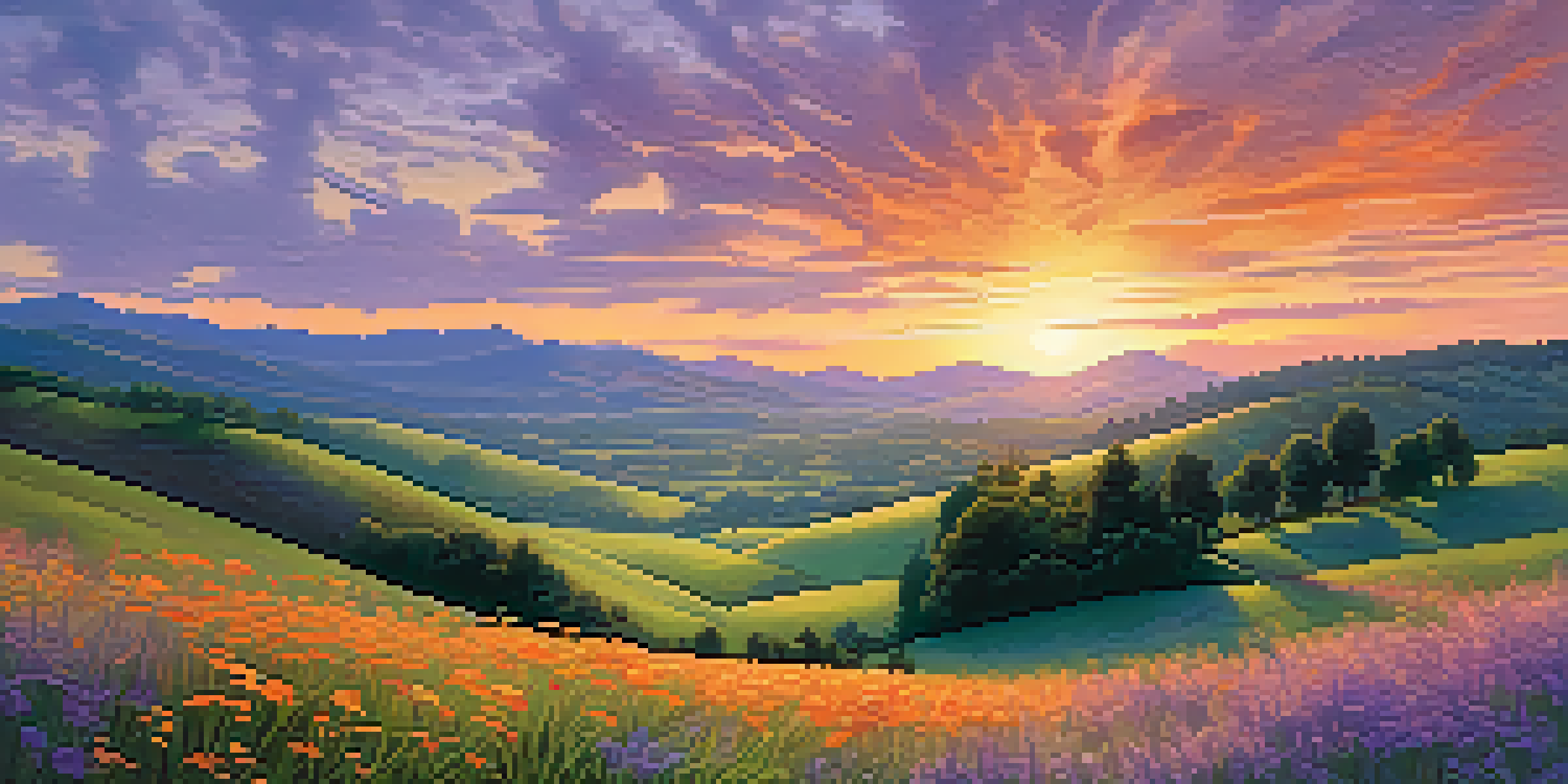 A landscape painting with a sunset, rolling hills, green foliage, and colorful wildflowers, featuring shadows for depth.