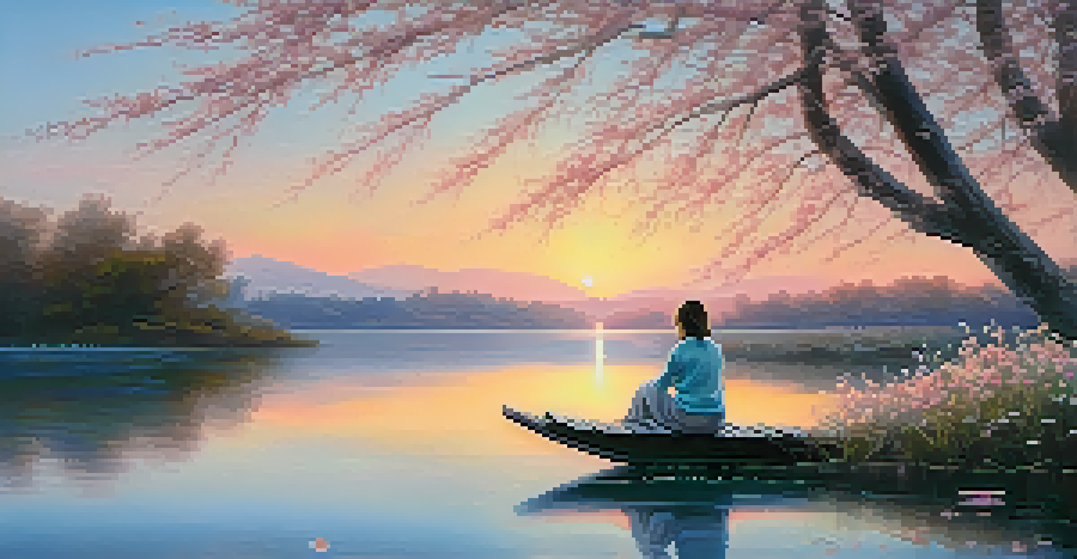 An Impressionist landscape featuring a sunset over a lake with blooming flowers and a solitary figure by the shore, creating a nostalgic atmosphere.