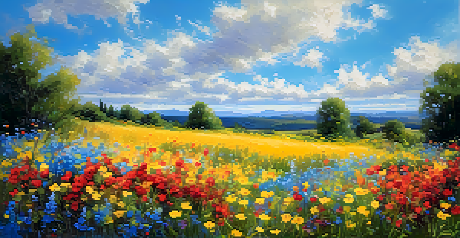 A vibrant field of wildflowers with dynamic colors and brushstrokes, against a bright blue sky with fluffy clouds.