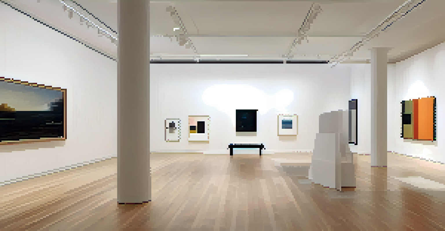A modern gallery interior with sculptures and paintings, illuminated by natural light through large windows.