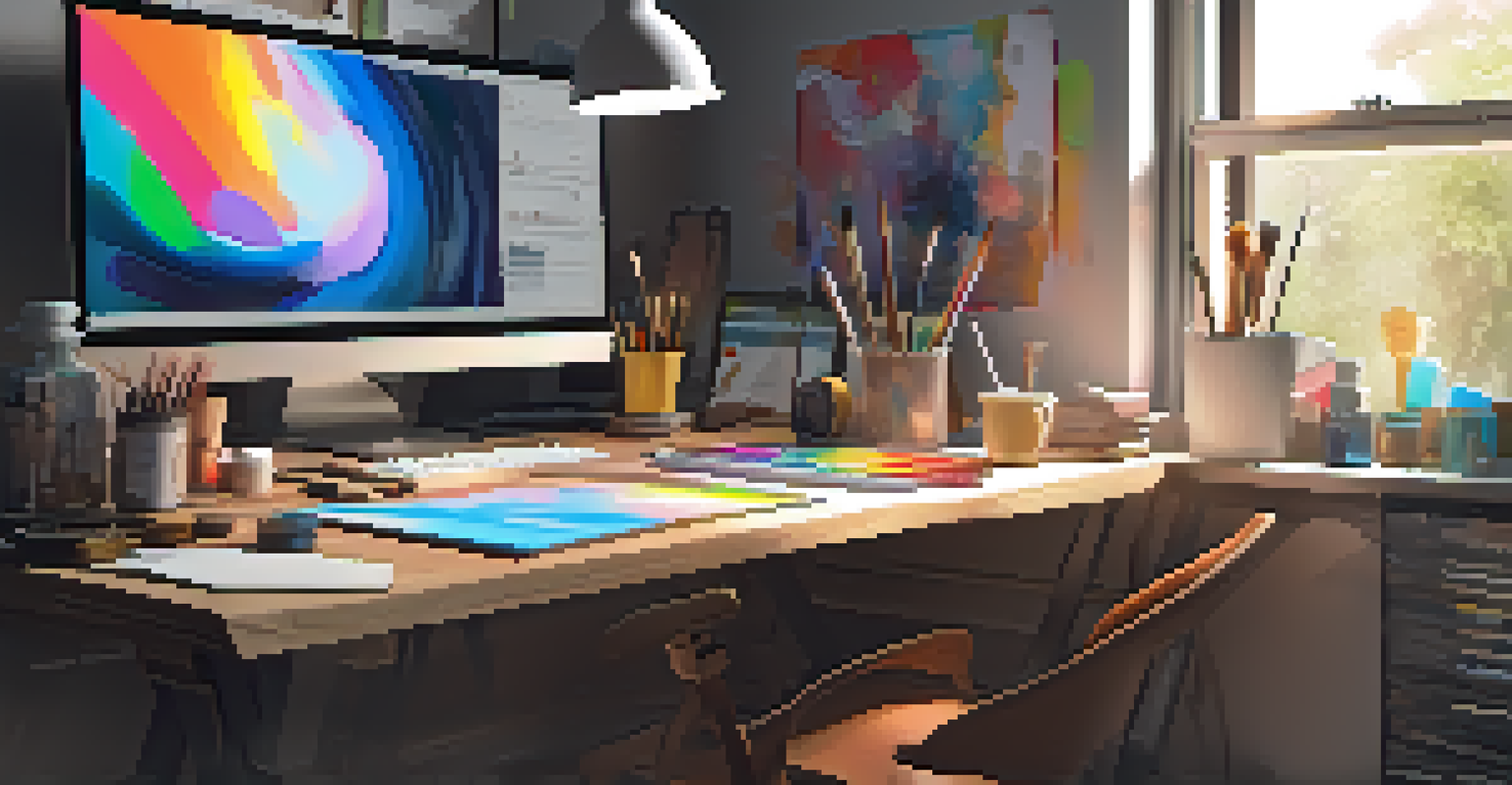 An artist's workspace with a monitor showing abstract art, a graphics tablet, and various art supplies in a warmly lit room.