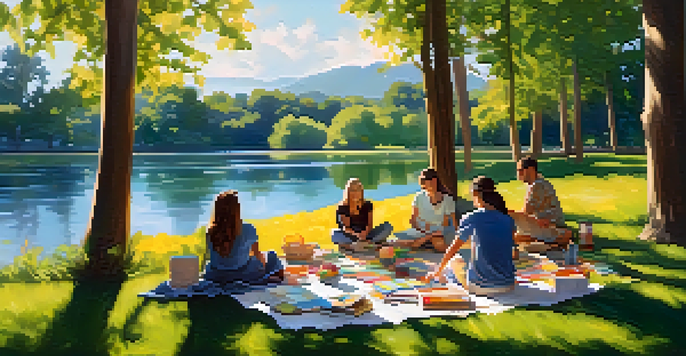 A diverse group of artists engaged in a critique session outdoors in a lush park, surrounded by their artwork and nature.