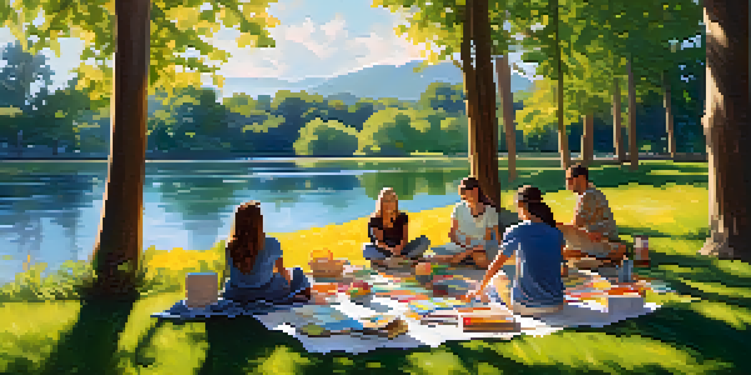 A diverse group of artists engaged in a critique session outdoors in a lush park, surrounded by their artwork and nature.