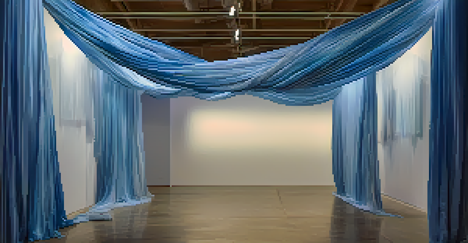 An art installation featuring a tunnel of hanging fabric in shades of blue, illuminated by soft ambient lighting.