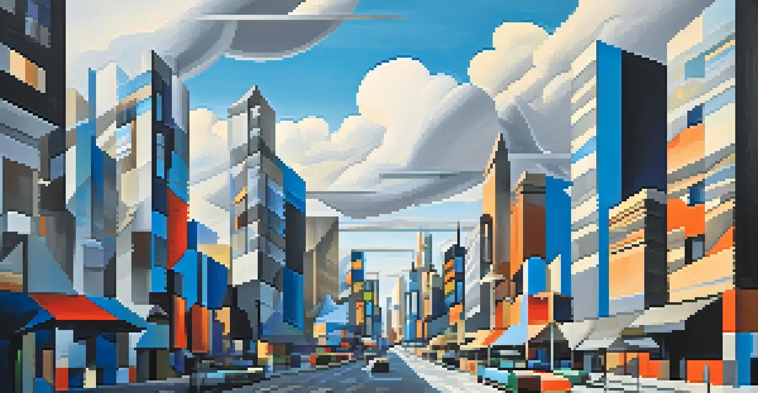 A cubist city skyline with fragmented buildings and streets in a vibrant color scheme against a cloudy sky.