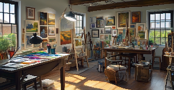 An inviting art studio with colorful paintings, natural light, and organized art supplies.