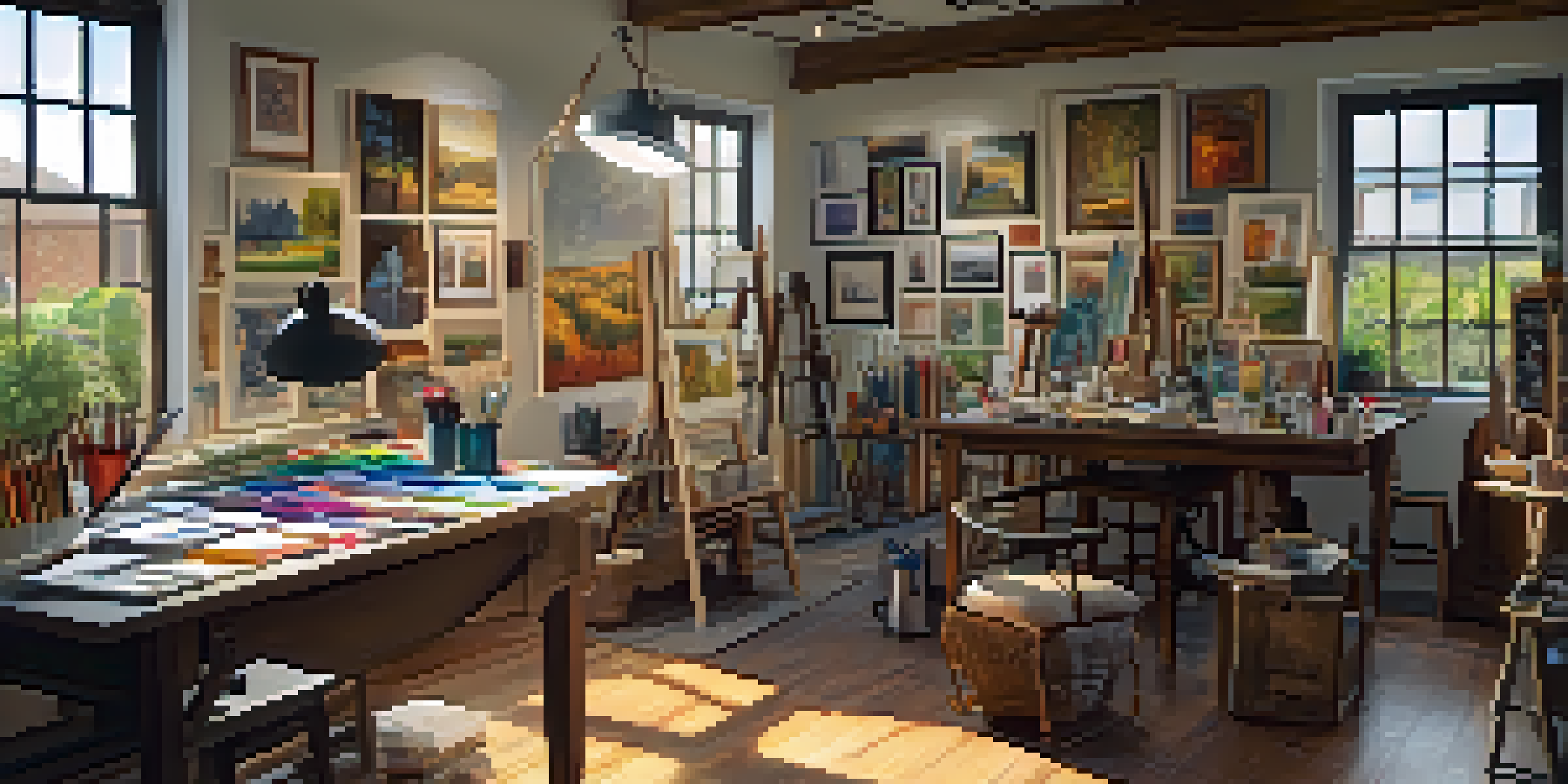 An inviting art studio with colorful paintings, natural light, and organized art supplies.