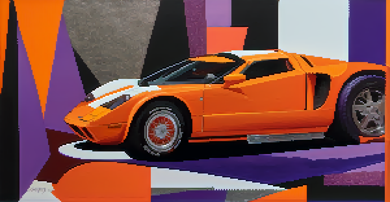 An experimental collage featuring a mix of bold orange and purple colors with geometric and organic shapes layered together.