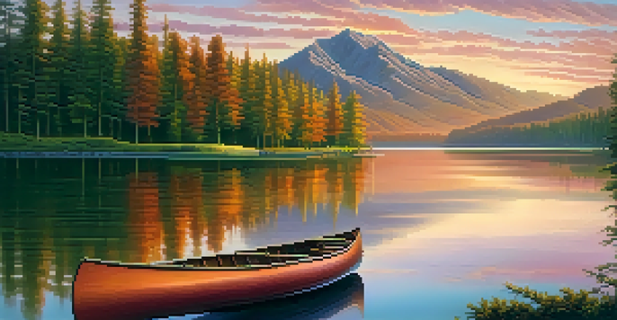 A calm lake at sunset with mountains in the background, a canoe floating on the water, and vibrant colors in the sky.