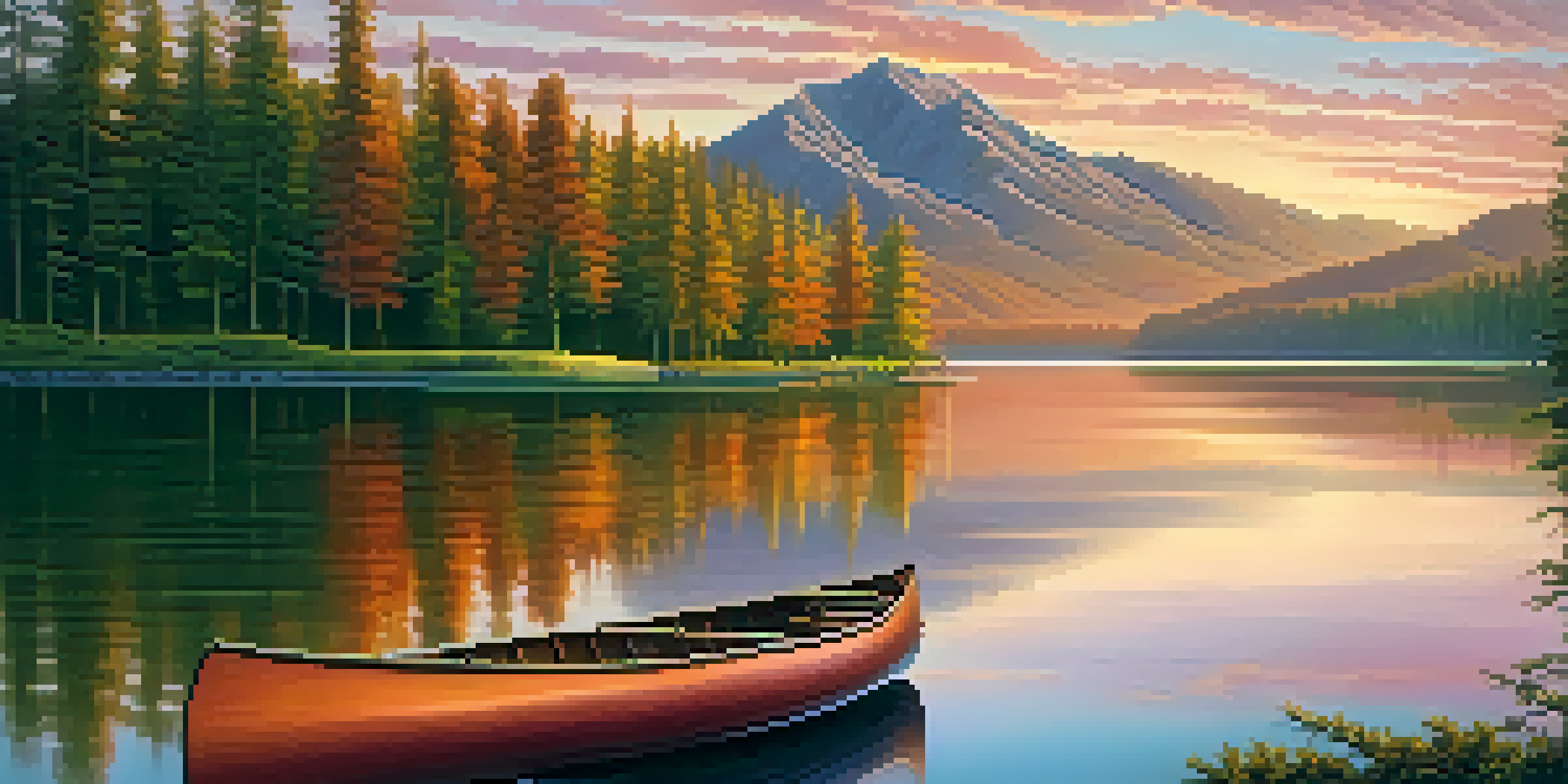 A calm lake at sunset with mountains in the background, a canoe floating on the water, and vibrant colors in the sky.