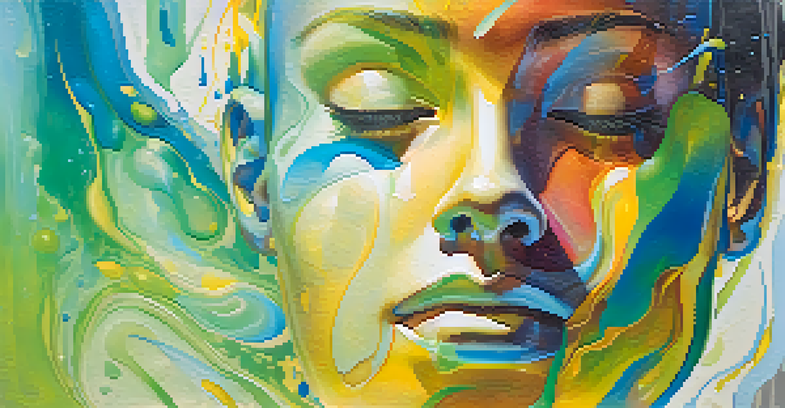 An abstract human figure composed of fluid shapes and vibrant colors against a textured background.