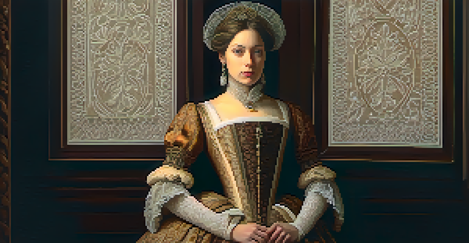 A portrait of a Renaissance woman in detailed clothing, set against a dark background.