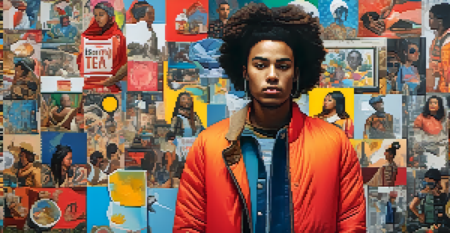 A contemporary digital collage showcasing diverse individuals and cultural symbols with vibrant colors and textures, addressing themes of identity and representation.