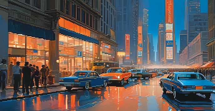 A vibrant urban cityscape at dusk with modern buildings and vintage architecture, filled with moving cars and pedestrians, illuminated by neon lights.