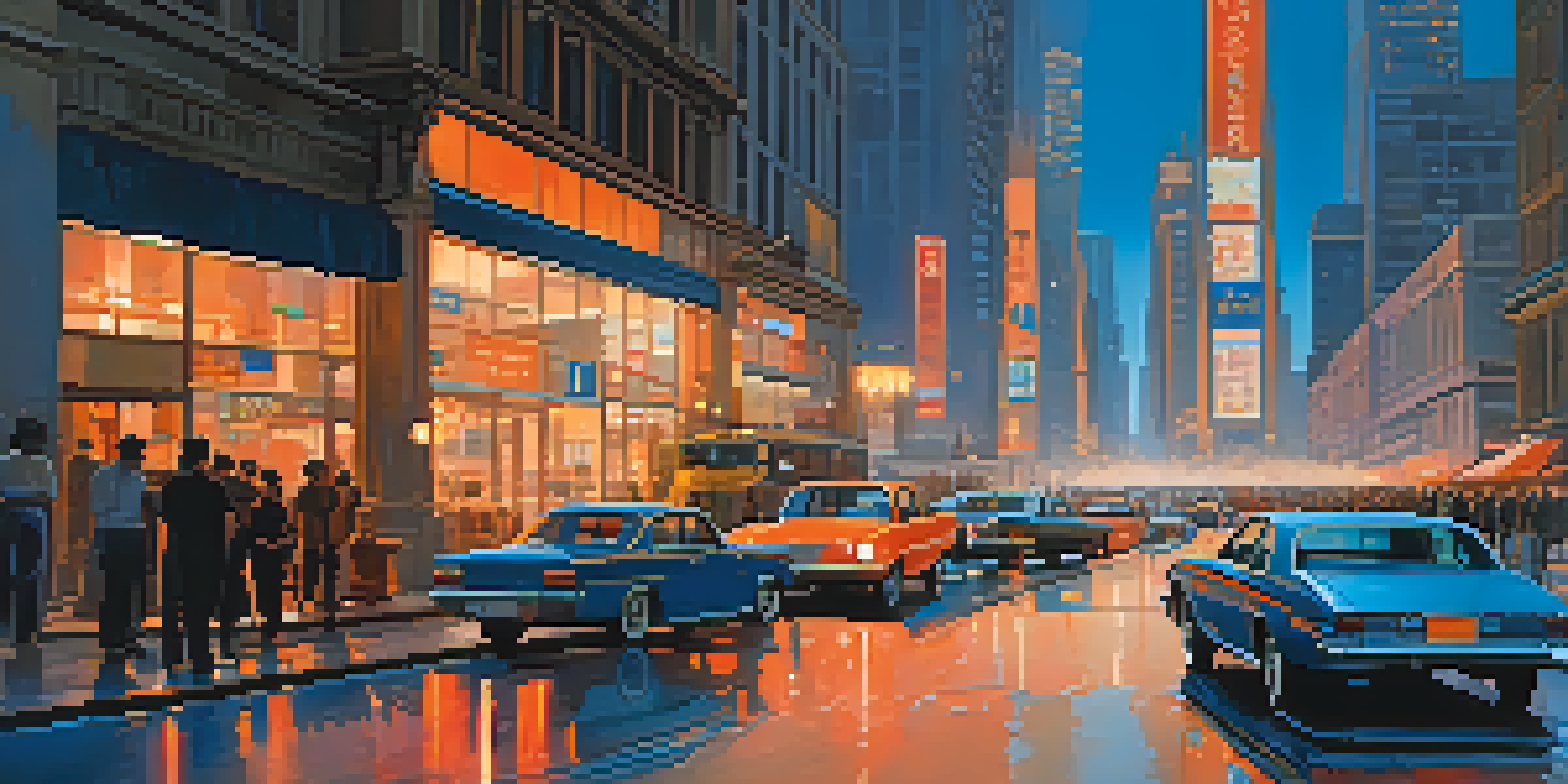 A vibrant urban cityscape at dusk with modern buildings and vintage architecture, filled with moving cars and pedestrians, illuminated by neon lights.