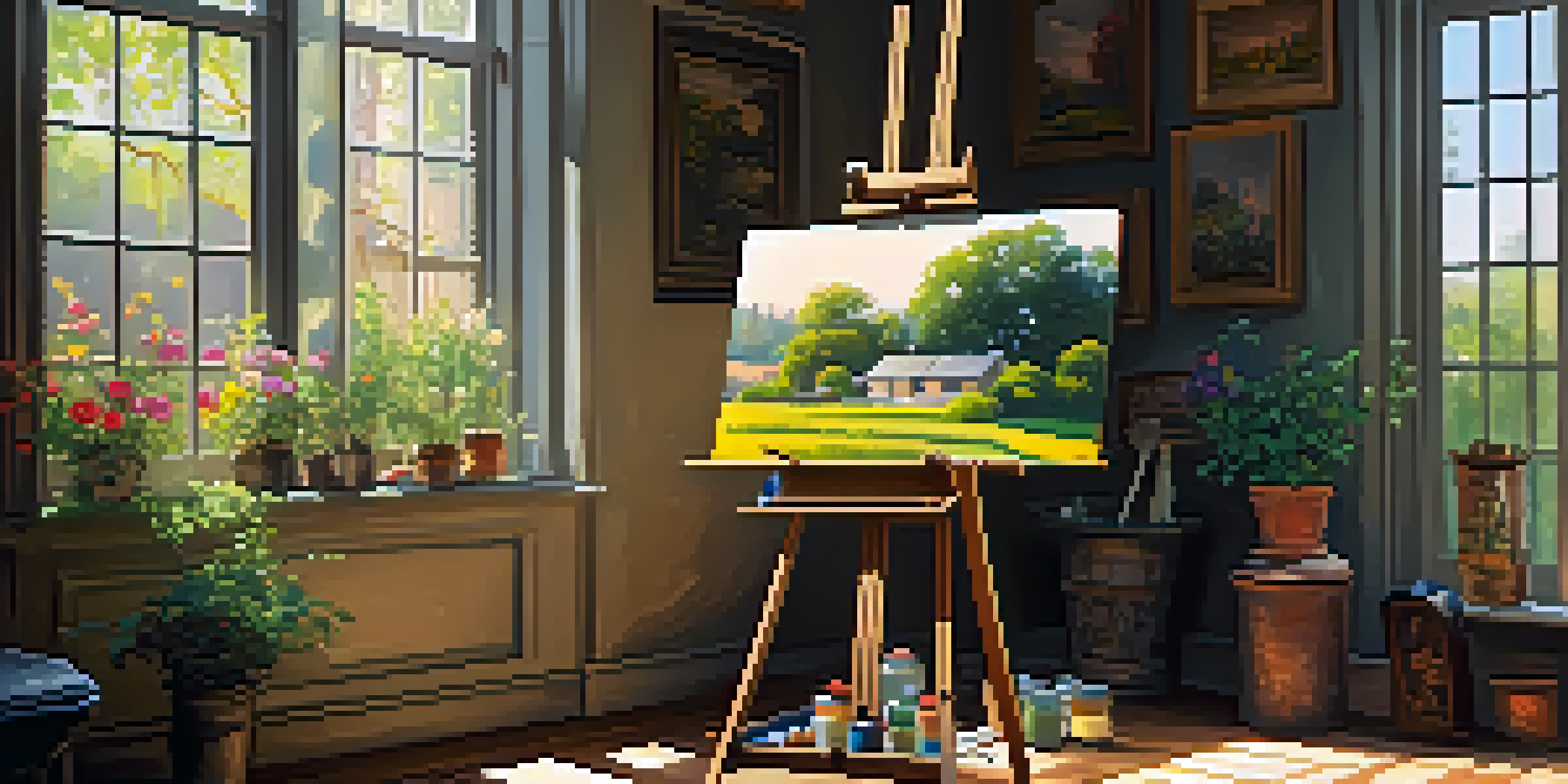 An artist's studio illuminated by natural light, with an easel, vibrant paintings, and a view of a garden outside.