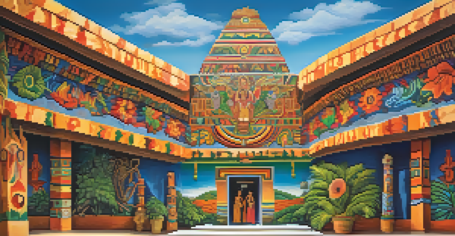 A colorful Mesoamerican mural with intricate designs representing religious themes, painted on a textured wall.