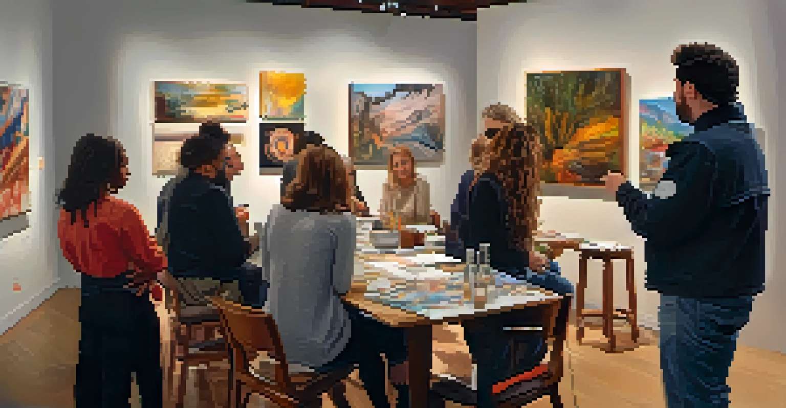 A group of people discussing art in a gallery, surrounded by various artworks and warm lighting.
