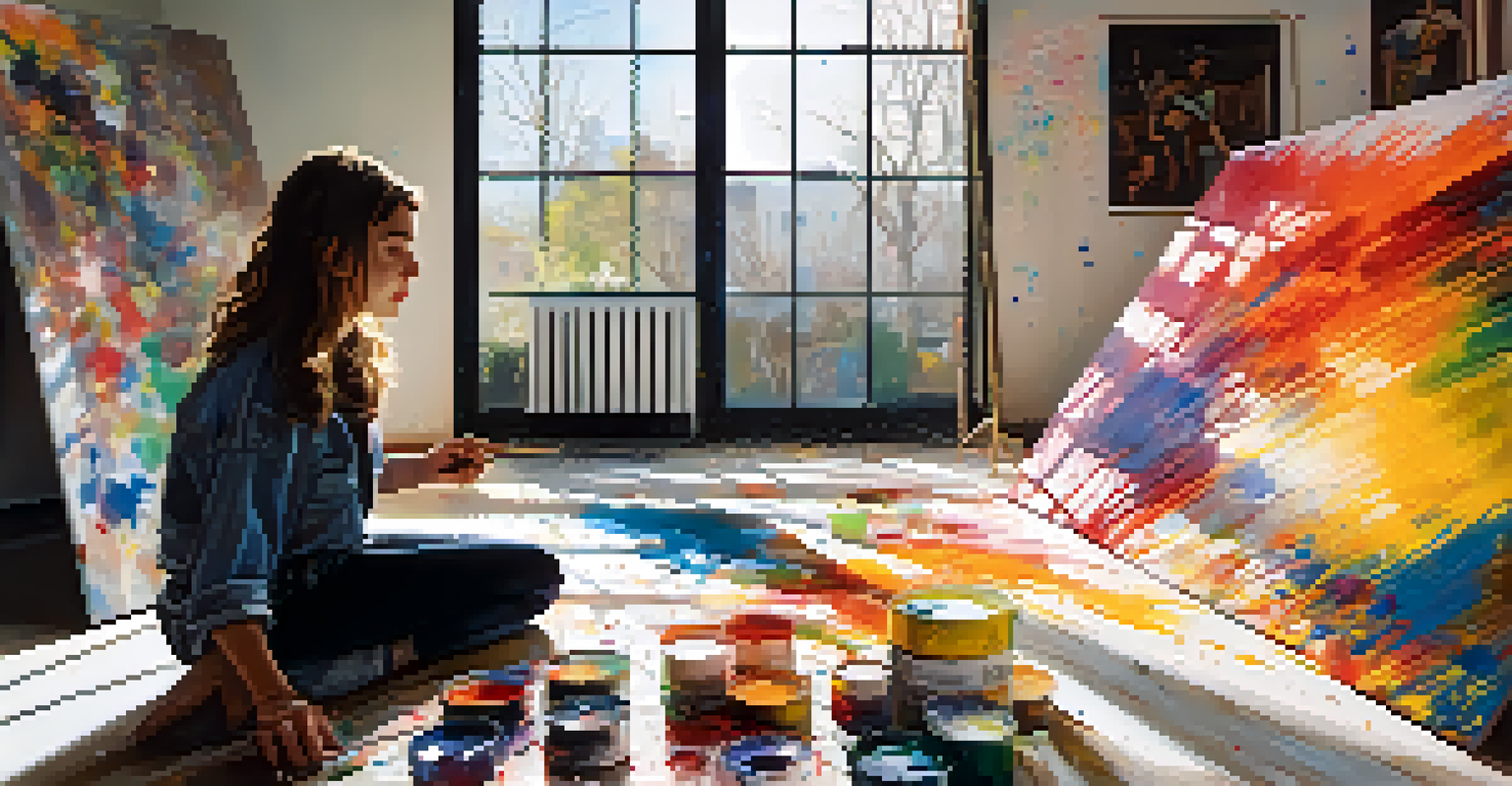 A young artist passionately painting in their colorful studio, surrounded by paint splatters and vibrant canvases.
