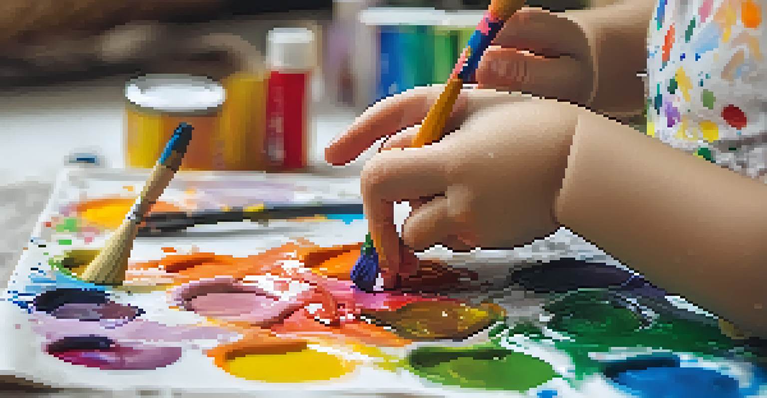 A child's hands holding a paintbrush with colorful paint splashes, showcasing creativity.