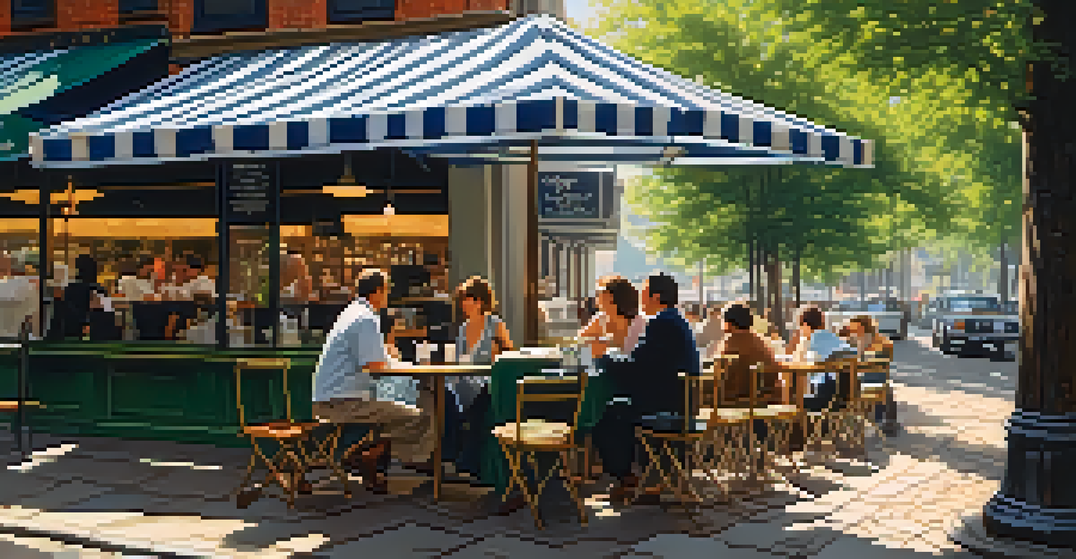 A bustling café scene with two cups of coffee on a table under an awning, surrounded by greenery and sunlight filtering through leaves, with people in conversation in the background.