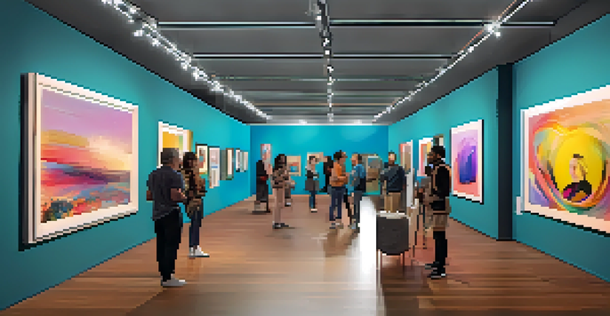 A digital art gallery filled with colorful NFTs under soft ambient lighting, with art collectors admiring the pieces.