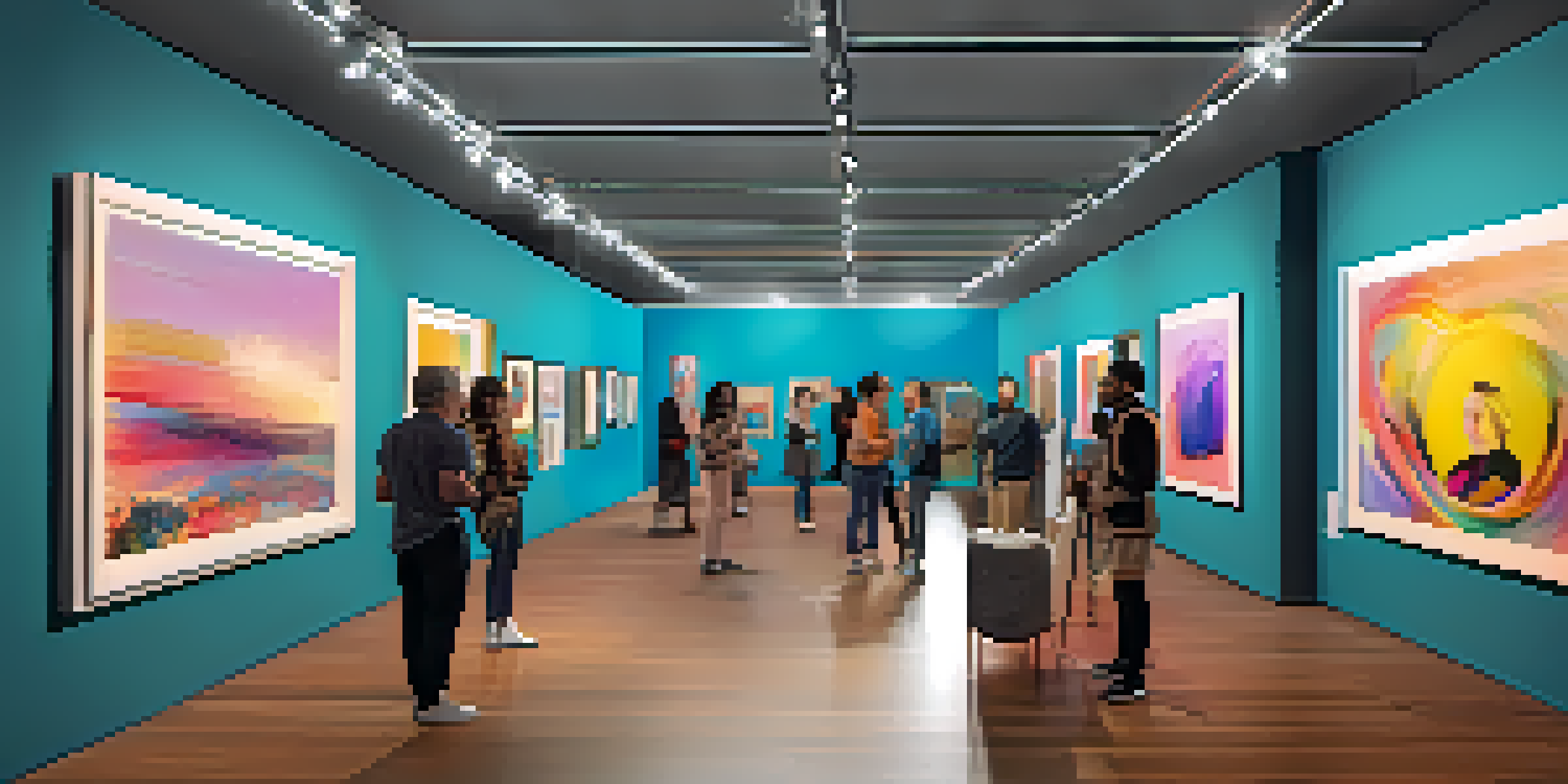 A digital art gallery filled with colorful NFTs under soft ambient lighting, with art collectors admiring the pieces.