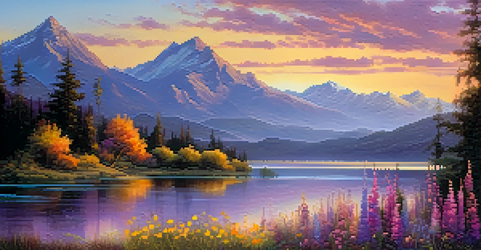 A peaceful sunset over a lake, with colorful reflections and wildflowers in the foreground.