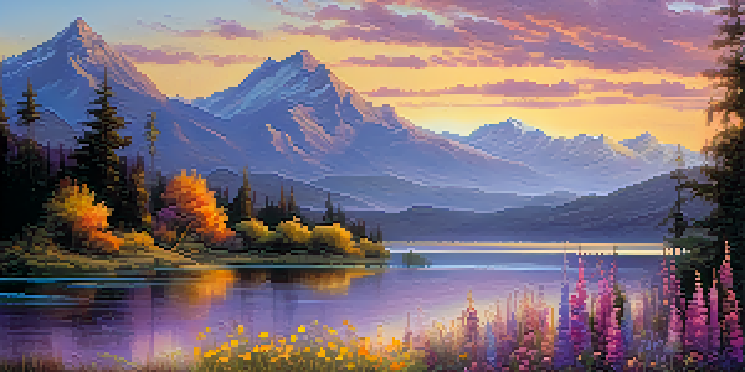 A peaceful sunset over a lake, with colorful reflections and wildflowers in the foreground.