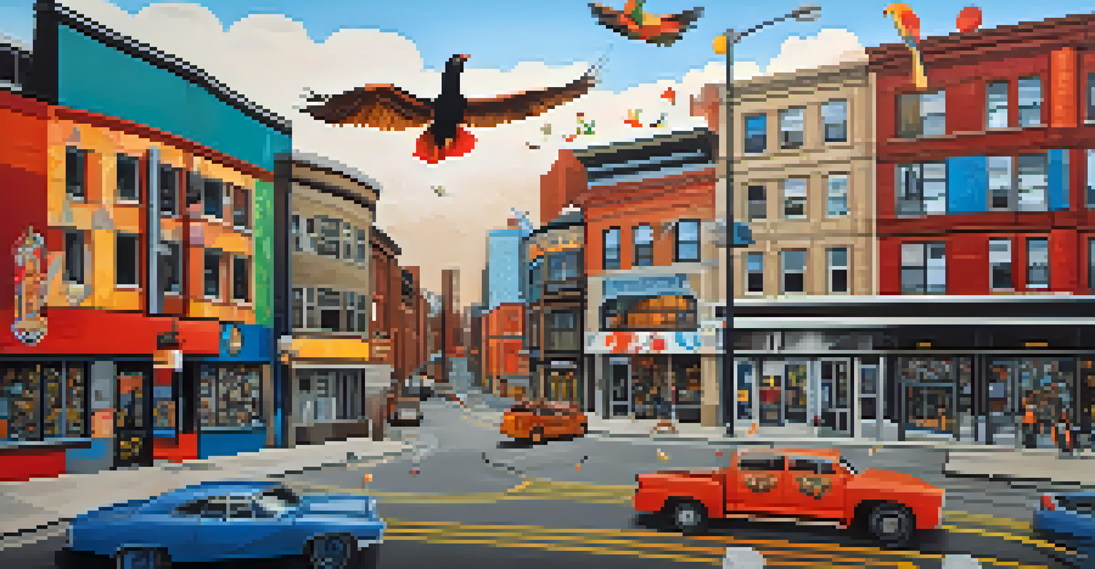 A modern Indigenous mural combining traditional symbols and contemporary urban elements, representing cultural identity.