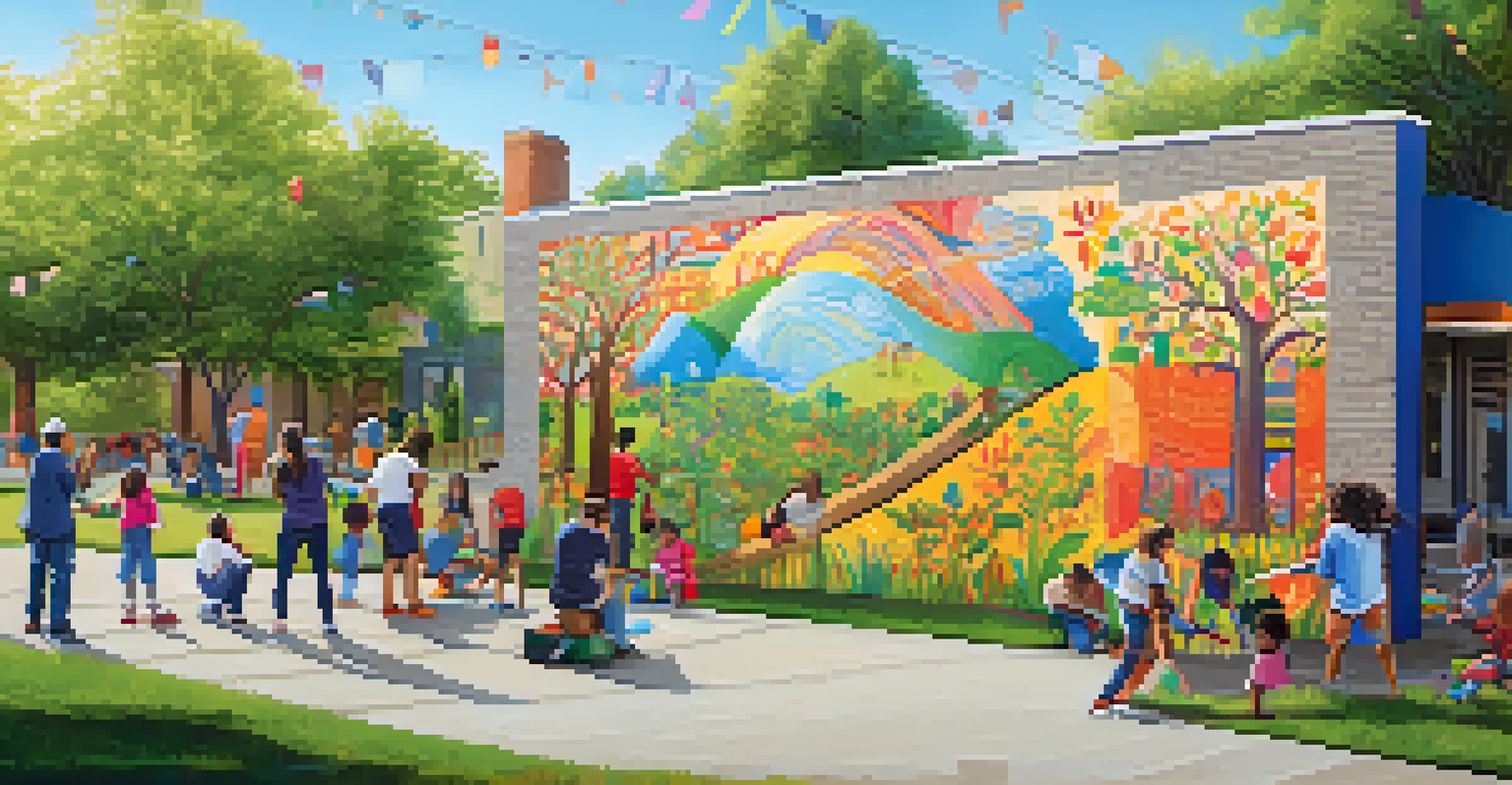 Community members painting a large mural in a park, showcasing diversity and unity.