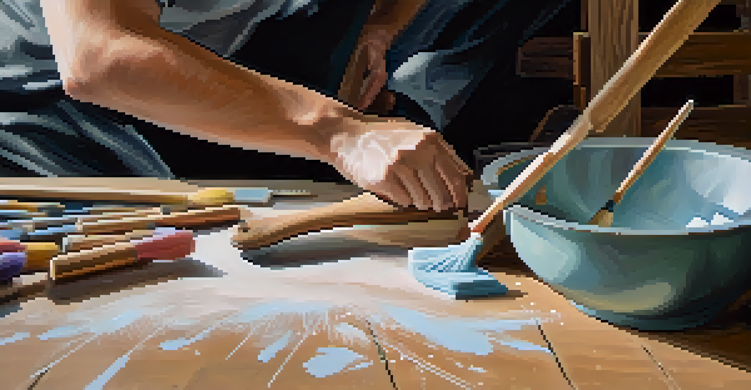 A close-up of hands painting a wooden chair with chalk paint in a rustic workspace.