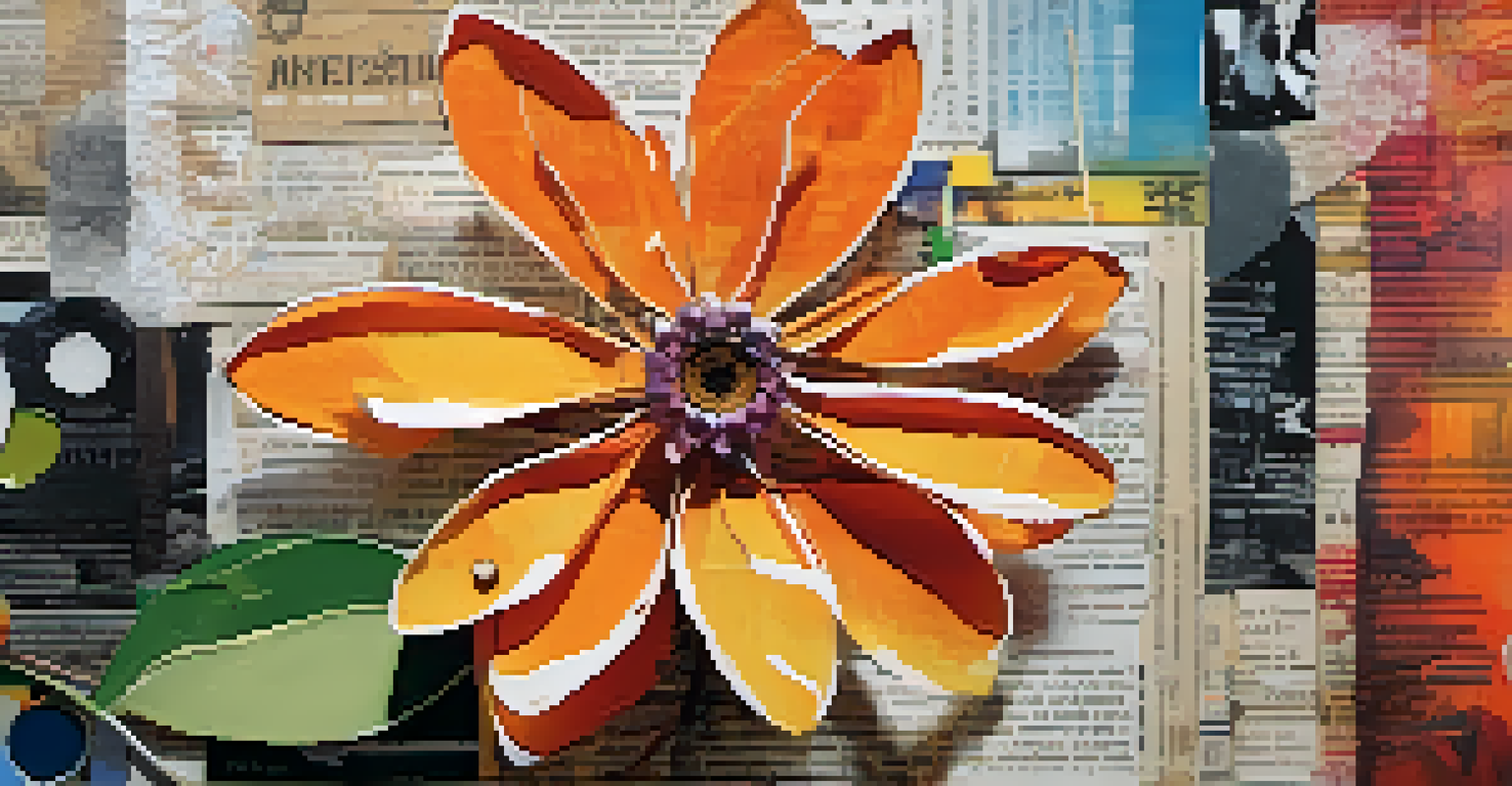 A detailed close-up of a mixed media canvas featuring layered newspaper clippings and a fabric flower as the focal point.
