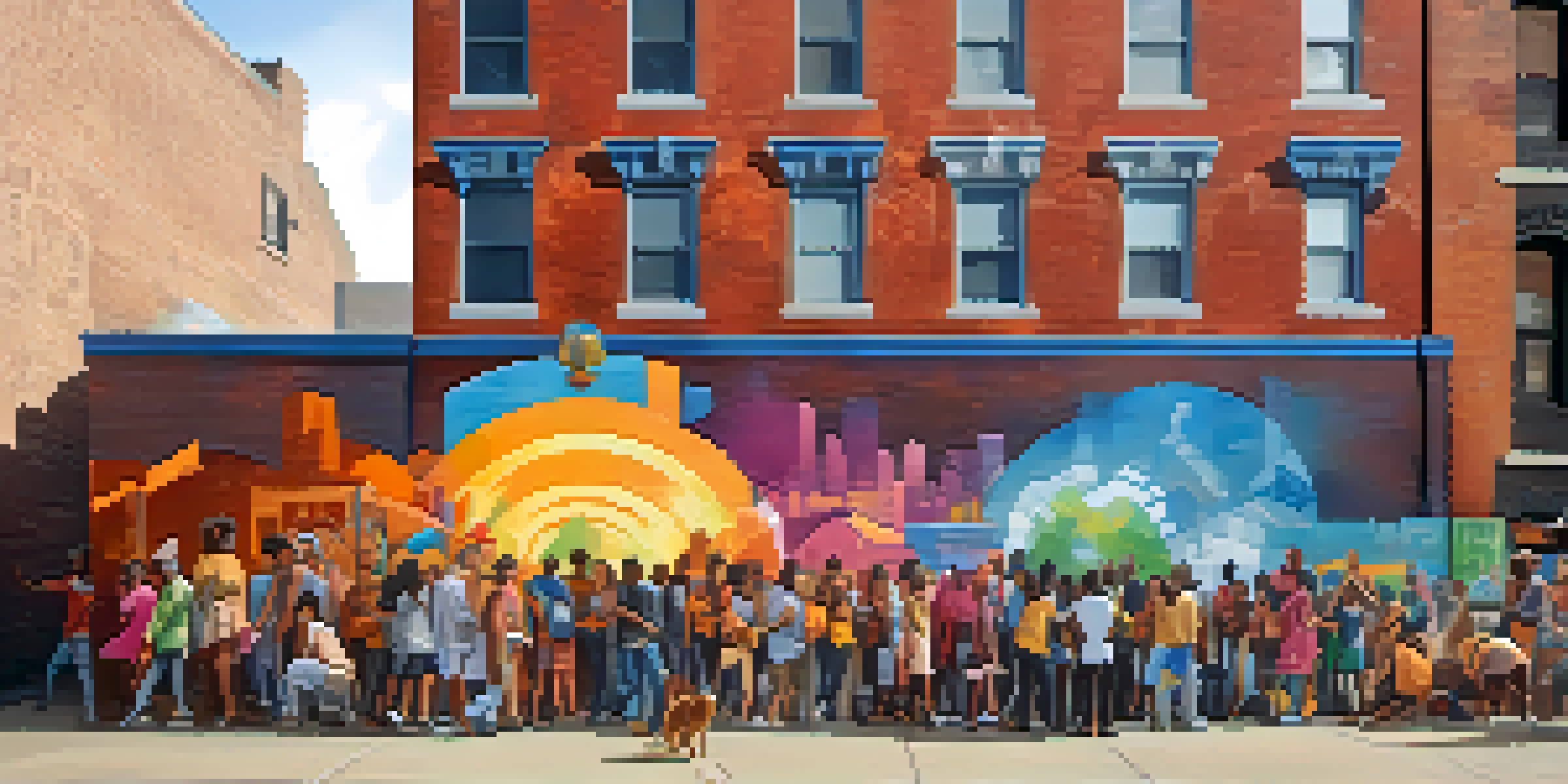A colorful mural on a brick building showing a diverse community celebrating together with animals, illuminated by sunlight.